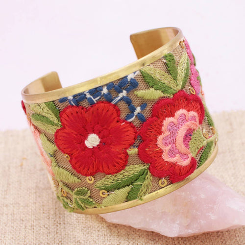 ZAD - Mesh Red Flower Embroidered Elegance Cuff Bracelet